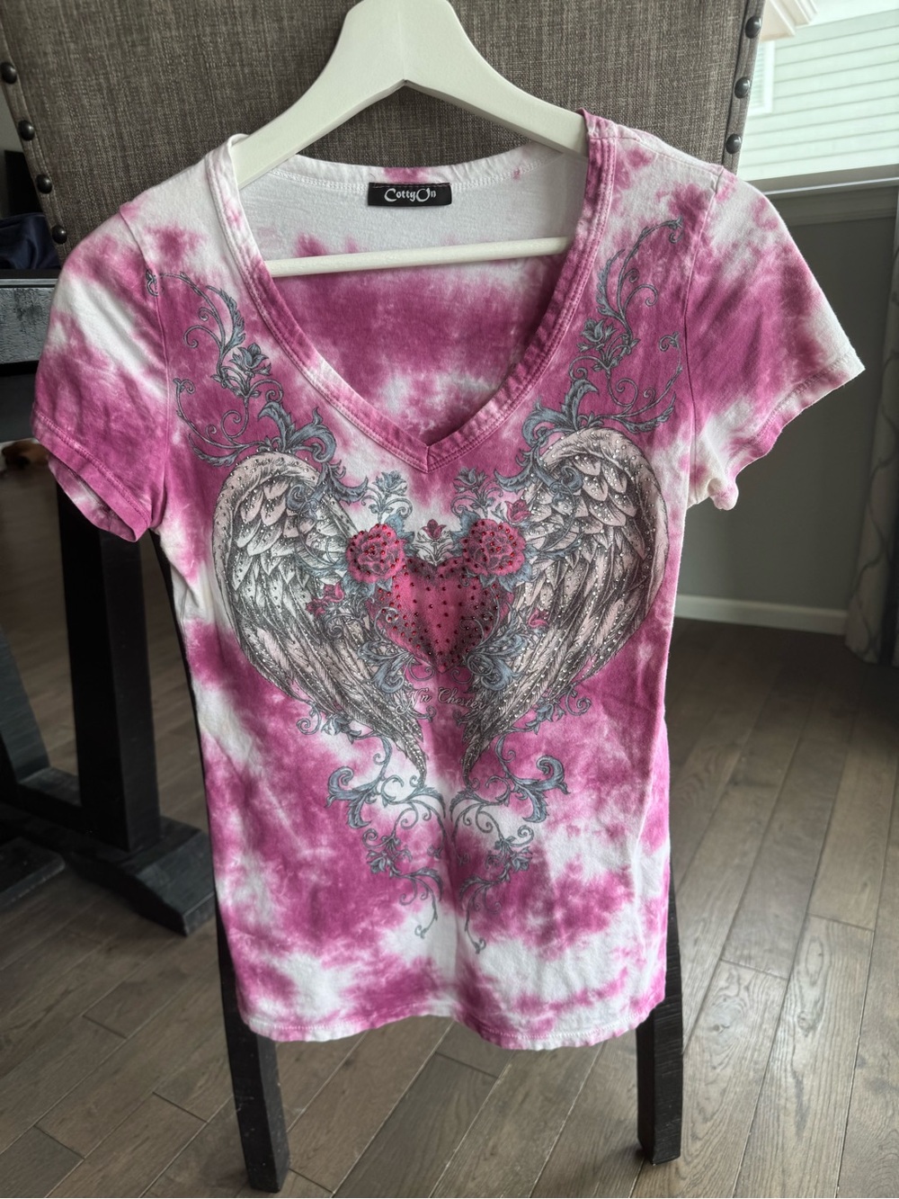 Cotty On Pink Tie-Dye V-Neck Tee with Winged Heart Graphic